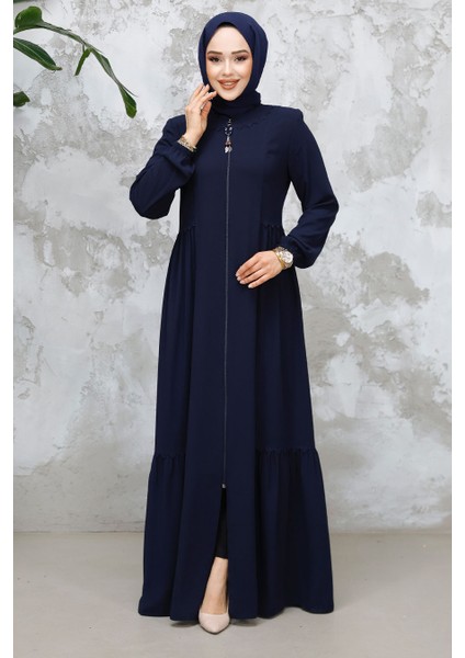Fermuarlı Lacivert Tesettür Abaya 8133L modelleri
