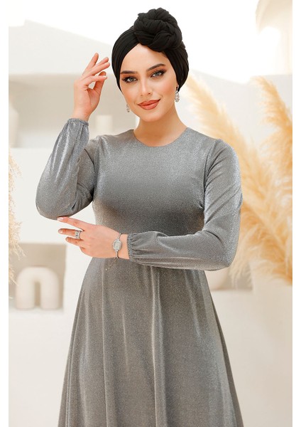 Simli Gri Tesettür Abiye Elbise 42541GR