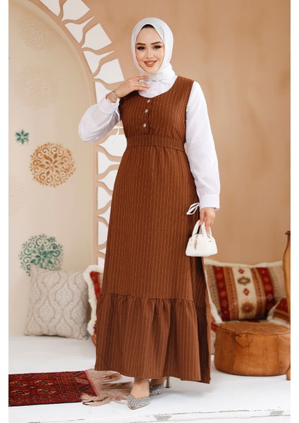 Çizgili Kahverengi Tesettür Jile Elbise 70501KH