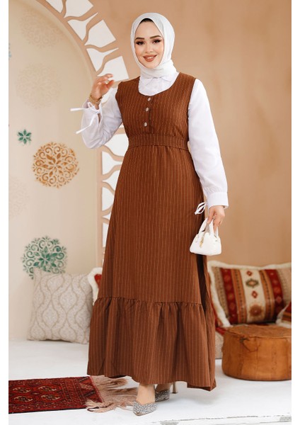 Çizgili Kahverengi Tesettür Jile Elbise 70501KH fiyatları