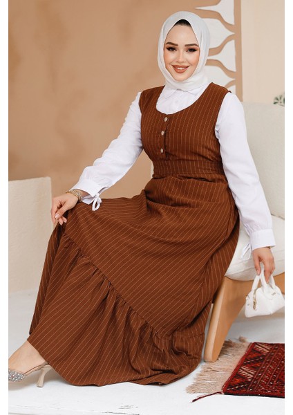 Çizgili Kahverengi Tesettür Jile Elbise 70501KH modelleri