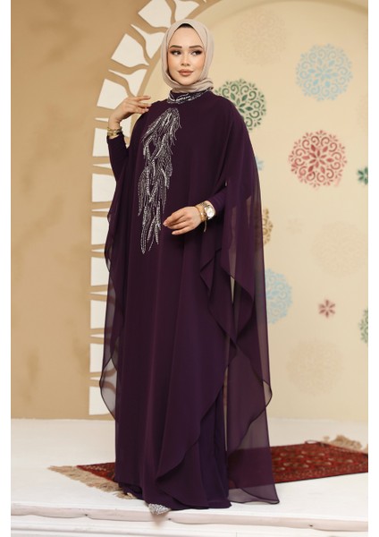 Panço Detaylı Koyu Mor Tesettür Abaya 25914KMOR
