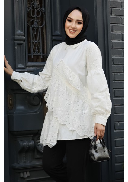 Güpürlü Beyaz Tesettür Tunik 14221B