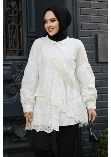 Güpürlü Beyaz Tesettür Tunik 14221B fiyatları