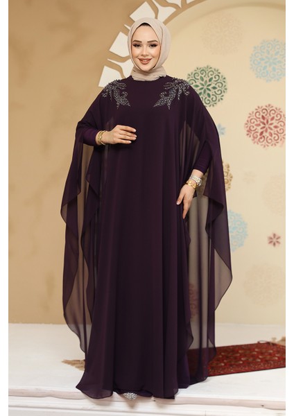 Panço Detaylı Mürdüm Tesettür Abaya 25908MU