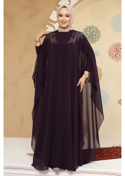 Panço Detaylı Mürdüm Tesettür Abaya 25908MU