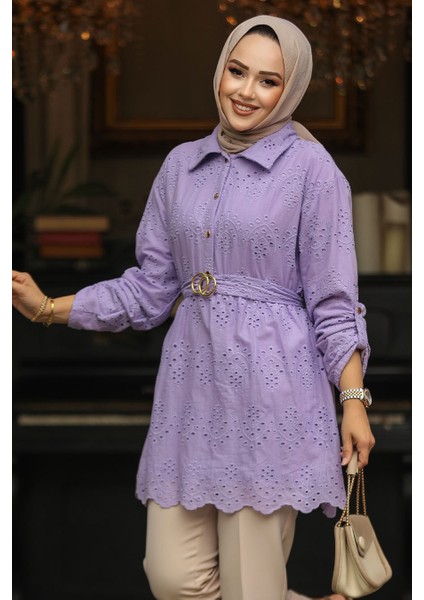 Güpürlü Lila Tesettür Tunik 14252LILA