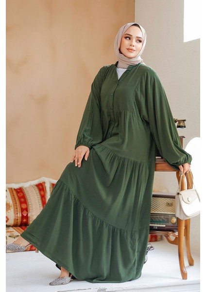 Kat Piliseli Haki Tesettür Elbise 20612HK