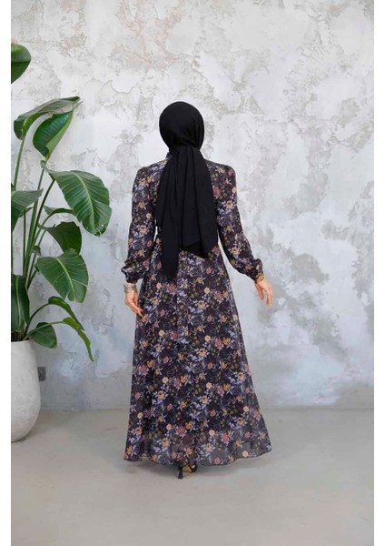Çiçek Desenli Siyah Tesettür Elbise 50812S modelleri