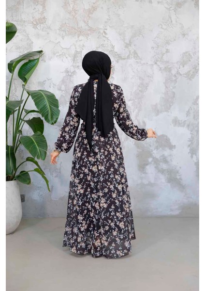 Çiçek Desenli Siyah Tesettür Elbise 52682S modelleri