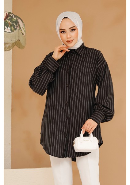Çizgili Siyah Tesettür Gömlek 30702S