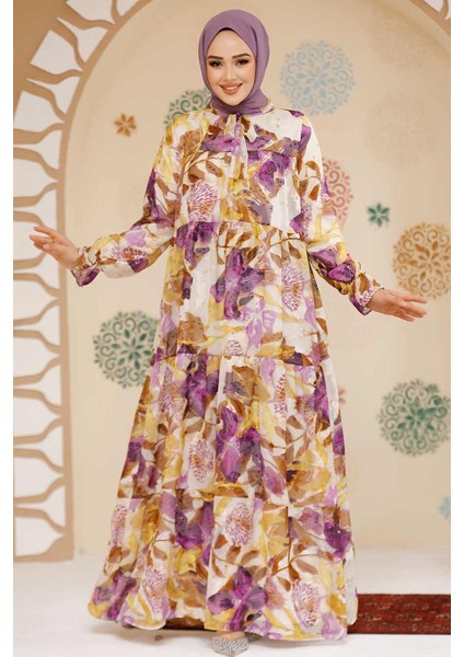 Çiçek Desenli Lila Tesettür Şifon Elbise 23604LILA