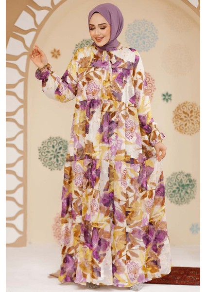 Çiçek Desenli Lila Tesettür Şifon Elbise 23604LILA fiyatları