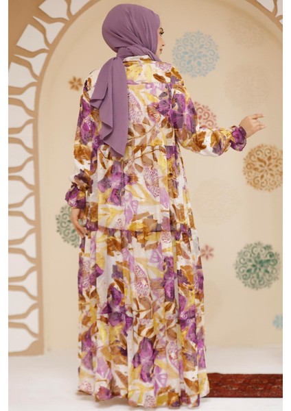 Çiçek Desenli Lila Tesettür Şifon Elbise 23604LILA modelleri