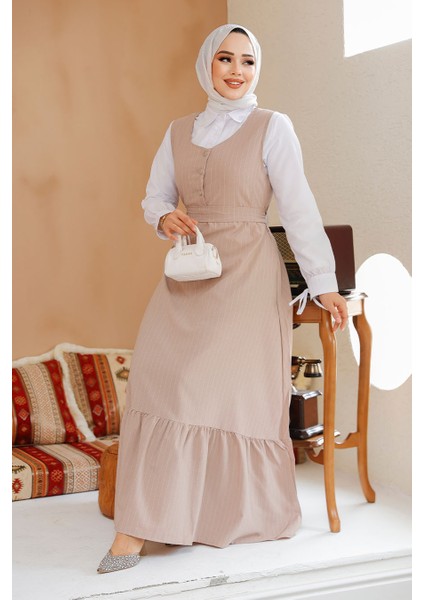 Çizgili Bej Tesettür Jile Elbise 70501BEJ
