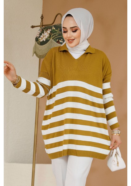 Şerit Çizgili Yağ Yeşili Tesettür Triko Kazak Tunik 53401YY