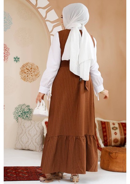 Çizgili Kahverengi Tesettür Jile Elbise 70501KH fırsatları