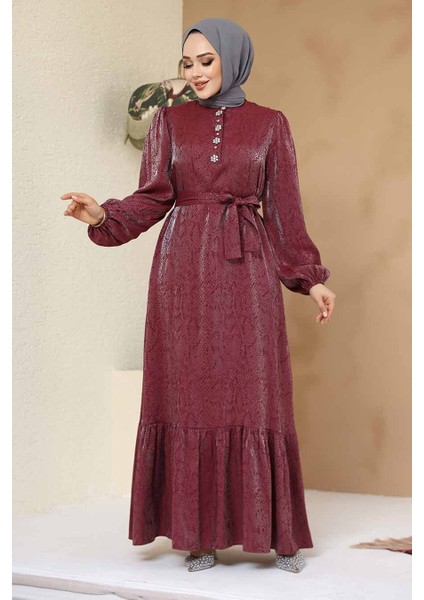 Taş Detaylı Bordo Tesettür Jakar Elbise 23891BR
