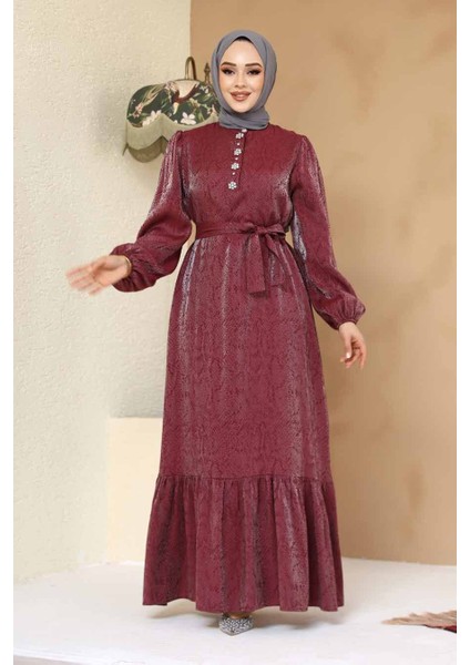 Taş Detaylı Bordo Tesettür Jakar Elbise 23891BR fiyatları