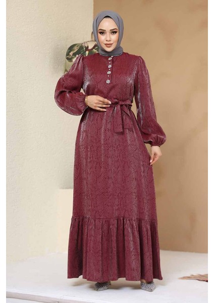 Taş Detaylı Bordo Tesettür Jakar Elbise 23891BR modelleri