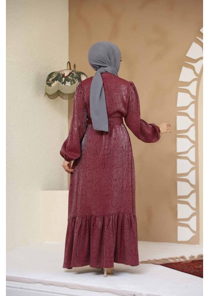 Taş Detaylı Bordo Tesettür Jakar Elbise 23891BR fırsatları