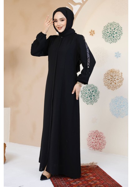 Fermuarlı Siyah Tesettür Abaya 61364S