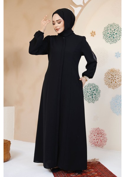 Fermuarlı Siyah Tesettür Abaya 61364S