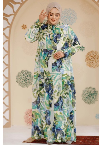 Çiçek Desenli Indigo Mavisi Tesettür Şifon Elbise 23604IM