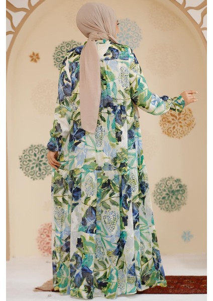 Çiçek Desenli Indigo Mavisi Tesettür Şifon Elbise 23604IM fiyatları