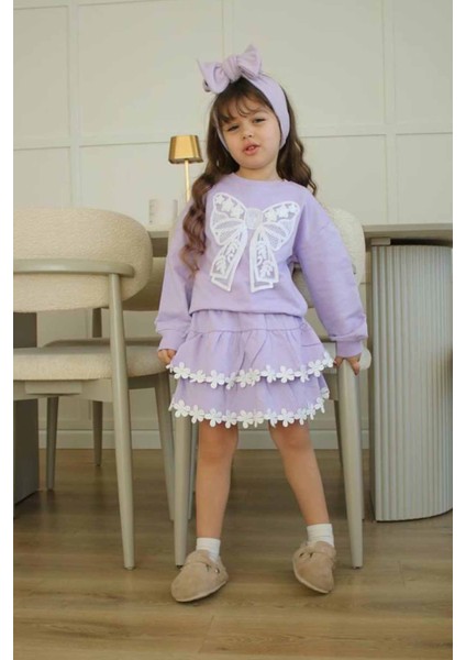 Fiyonk Detaylı Çiçek Fisto Kat Kat Etekli Kız Çocuk 2 li takım - Lila