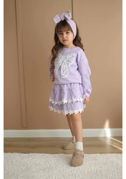 Fiyonk Detaylı Çiçek Fisto Kat Kat Etekli Kız Çocuk 2 li takım - Lila fiyatları