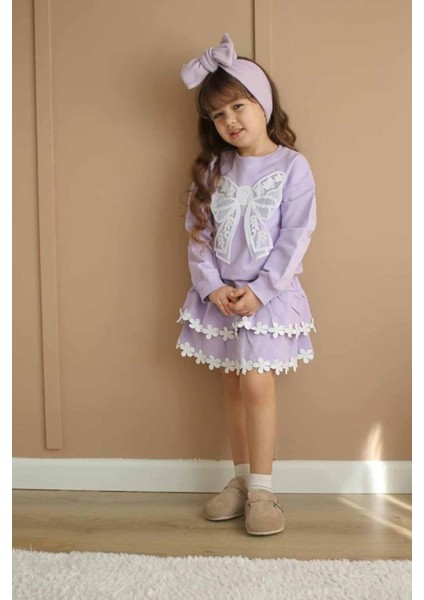 Fiyonk Detaylı Çiçek Fisto Kat Kat Etekli Kız Çocuk 2 li takım - Lila modelleri