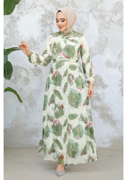 Desenli Haki Tesettür Elbise 344601HK