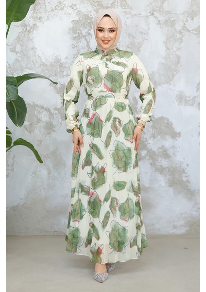 Desenli Haki Tesettür Elbise 344601HK fiyatları