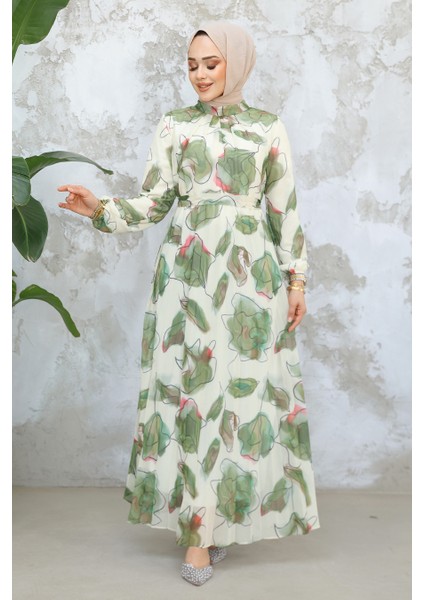 Desenli Haki Tesettür Elbise 344601HK modelleri