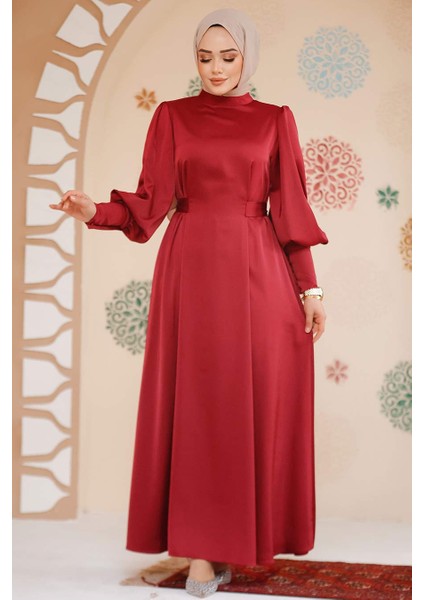 Saten Bordo Tesettür Abiye Elbise 61651BR fiyatları