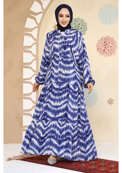 Desenli Indigo Mavisi Tesettür Viskon Elbise 235806IM