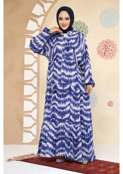 Desenli Indigo Mavisi Tesettür Viskon Elbise 235806IM fiyatları