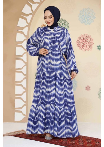 Desenli Indigo Mavisi Tesettür Viskon Elbise 235806IM modelleri