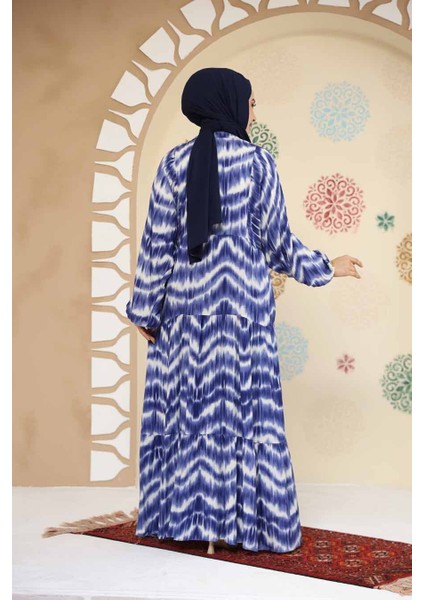 Desenli Indigo Mavisi Tesettür Viskon Elbise 235806IM fırsatları
