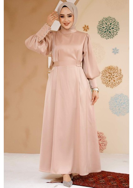 Saten Bej Tesettür Abiye Elbise 61651BEJ