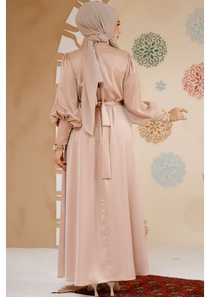 Saten Bej Tesettür Abiye Elbise 61651BEJ modelleri