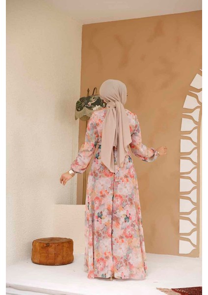 Çiçek Desenli Pudra Tesettür Elbise 27985PD