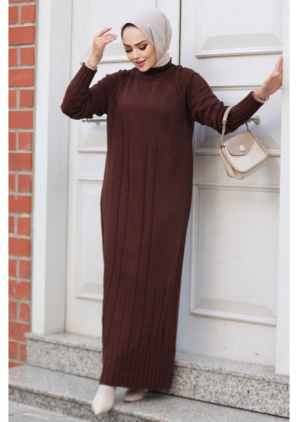 Kahverengi Tesettür Triko Elbise 31230KH