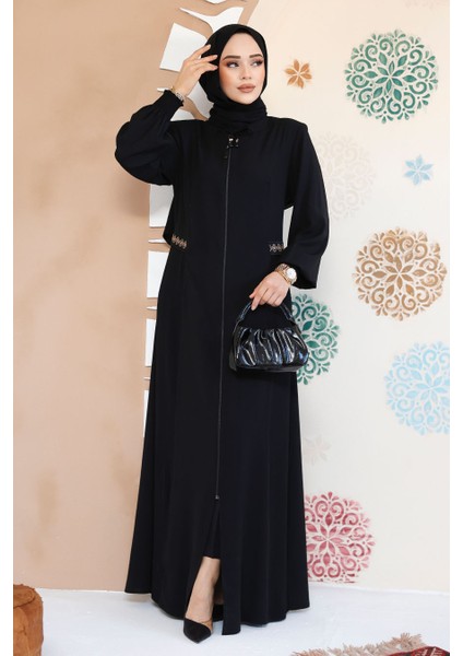 Fermuarlı Siyah Tesettür Abaya 8104S
