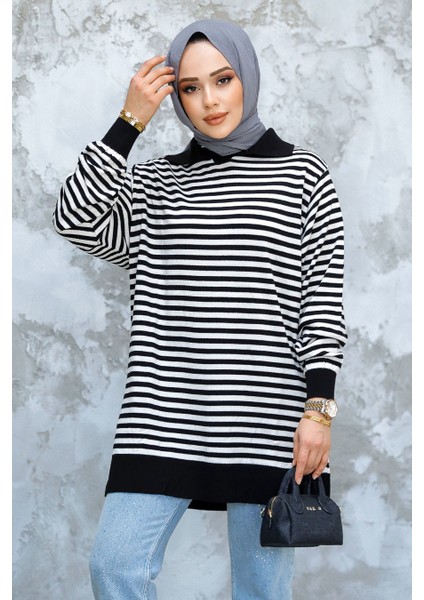 Çizgili Ekru Tesettür Triko Tunik 65904E