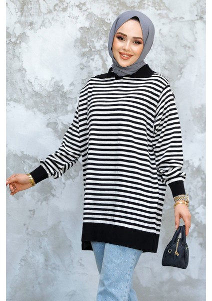 Çizgili Ekru Tesettür Triko Tunik 65904E fiyatları