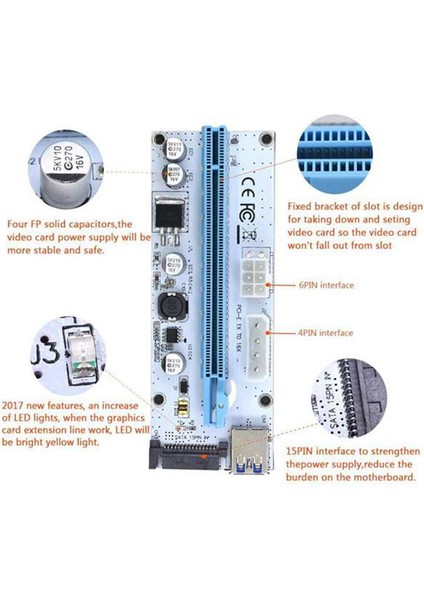6 Adet VER008S 3 In 1 Molex 4pin Sata 6pın Pcıe Pcı-E Pcı Express Yükseltici Kart 1x Ila 16X USB 3.0 Kablosu Madencilik Için (Yurt Dışından)