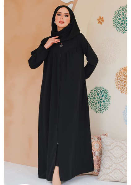 Fermuarlı Siyah Tesettür Ferace 45285S