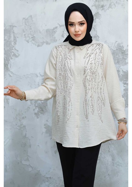 Boncuk Işlemeli Taş Tesettür Gömlek 45280TAS